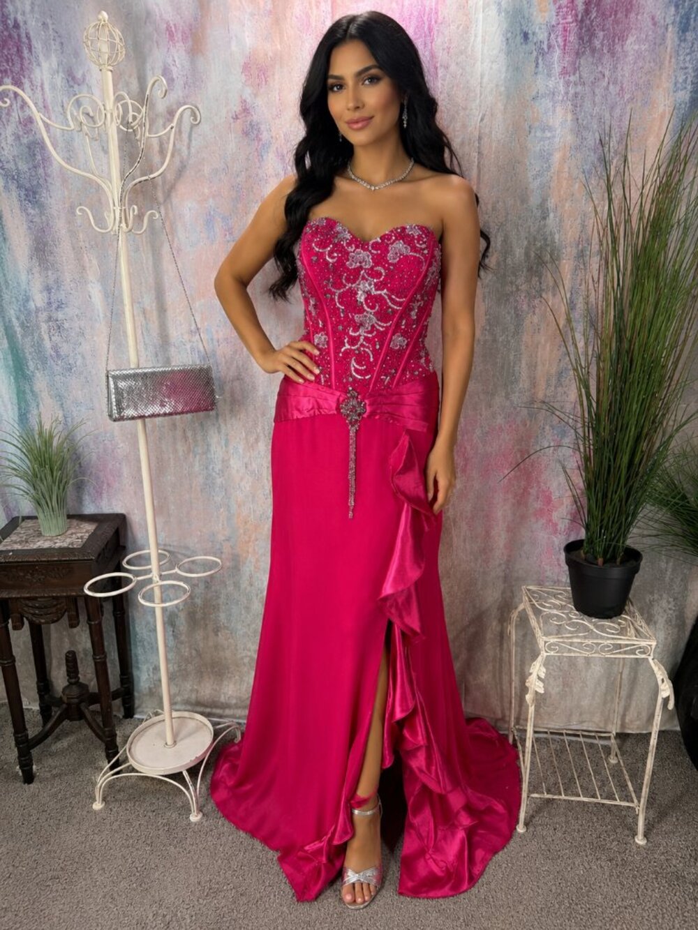 📌Fiesta Hot Pink Strapless Beaded Bodice & Ruffled Slit Formal - Prom Gown - Picture 11 of 15